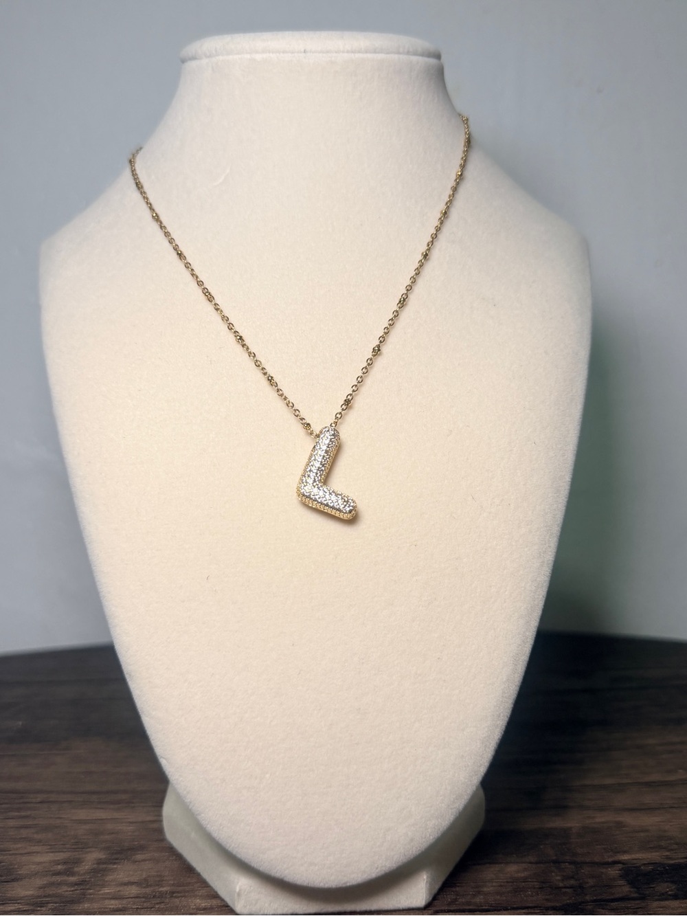 Gold Initial L Pendant Necklace - Letter L with Clear Stones